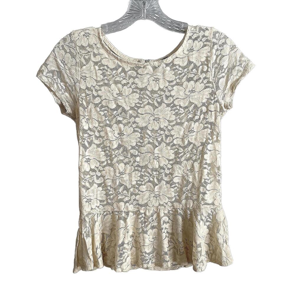 Y2K Cream Floral Lace Peplum Fairy Short Sleeve Zip Back Top Size M